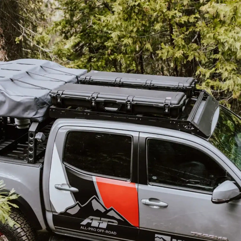 Top view of cargo on overland roof rack mounted on Tacoma