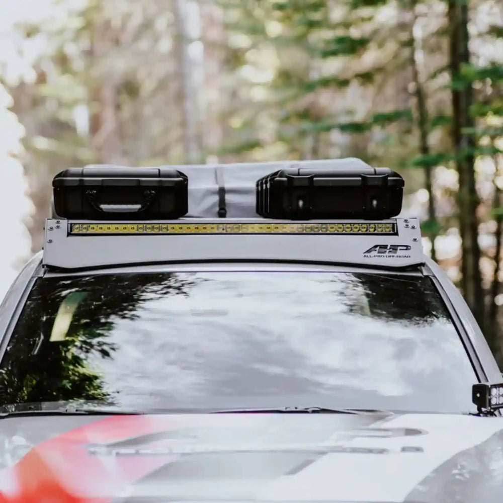 Close up view of the mounted All-Pro Roof Rack with cargo loaded